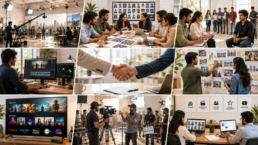 Production team reviewing and hiring film talent