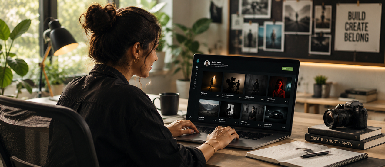 Camera crew member building a portfolio on laptop