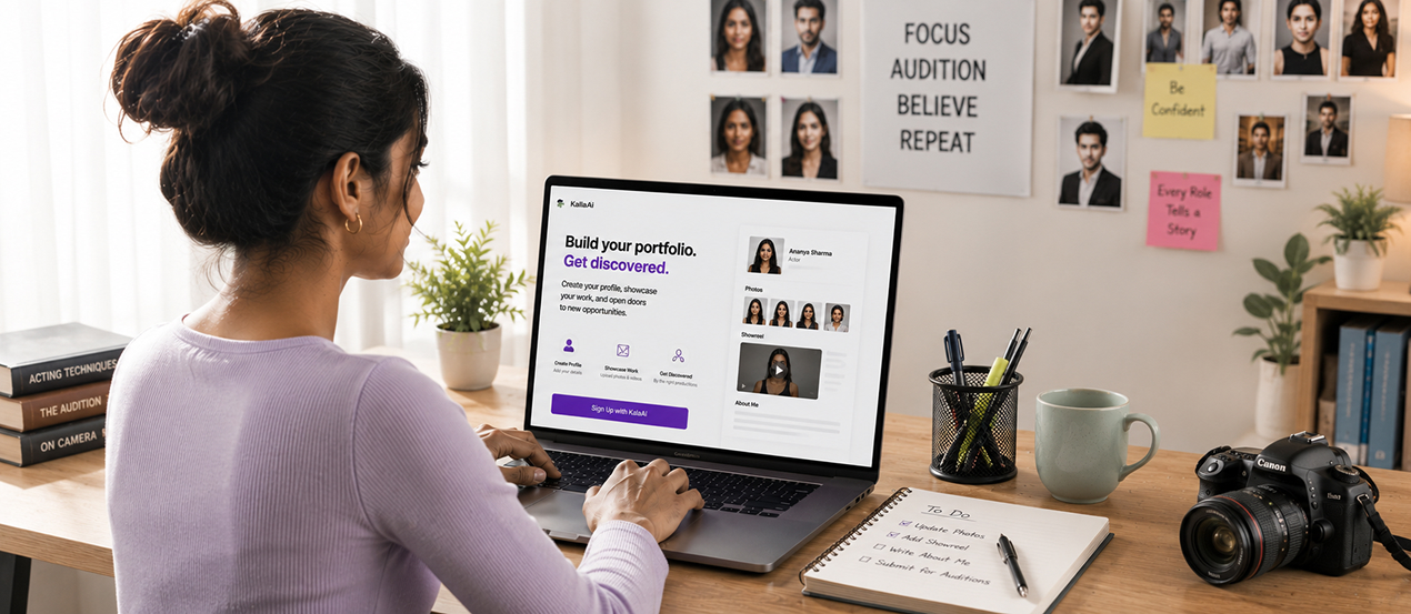 Actor building a portfolio on laptop