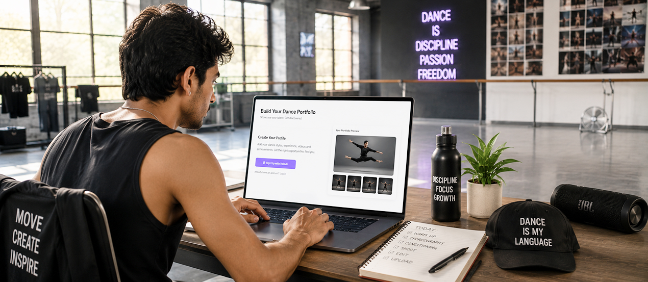 Dancer building a portfolio on laptop