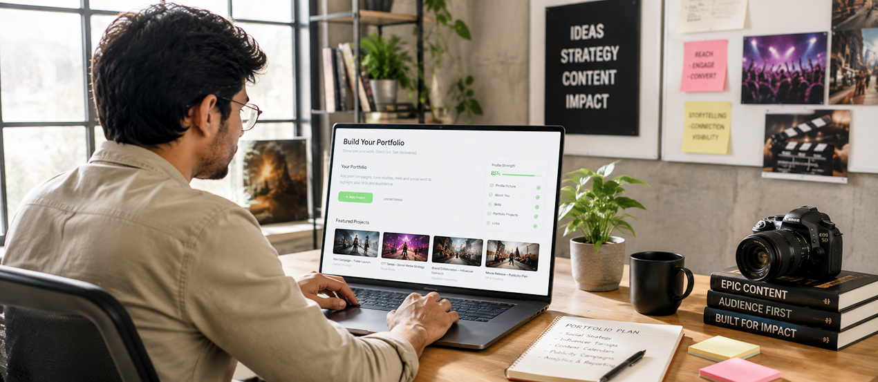 Marketing professional building a portfolio on laptop