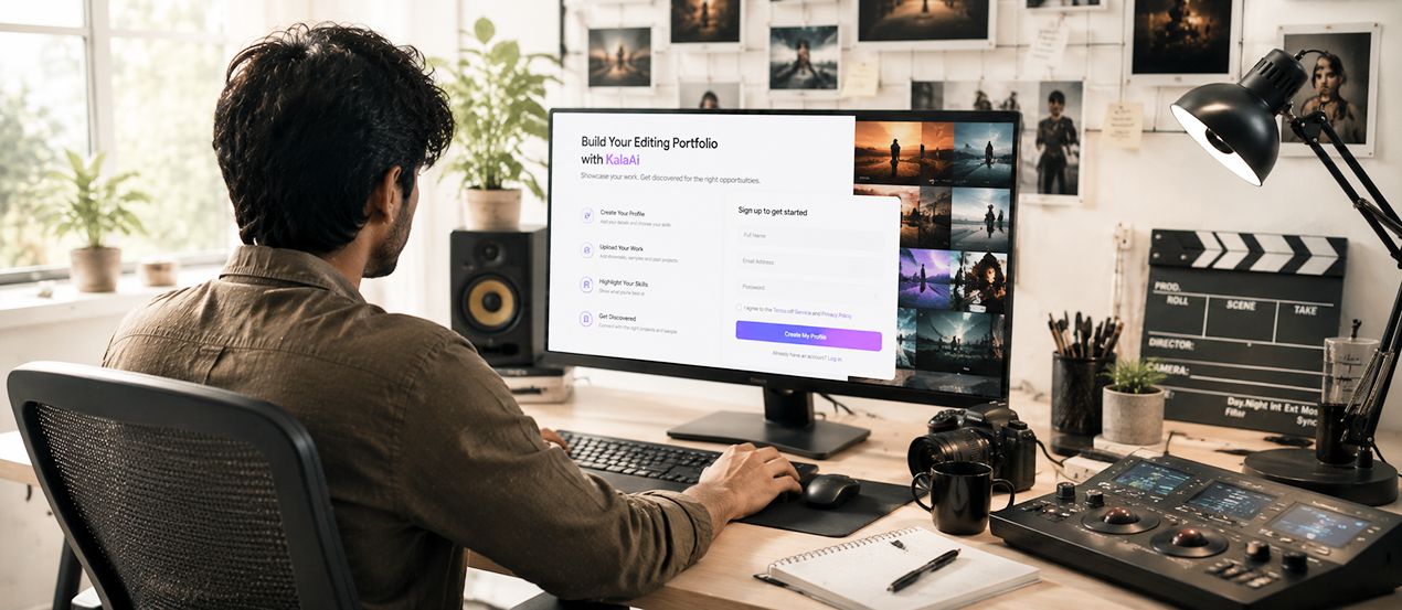 Editor building a portfolio on laptop