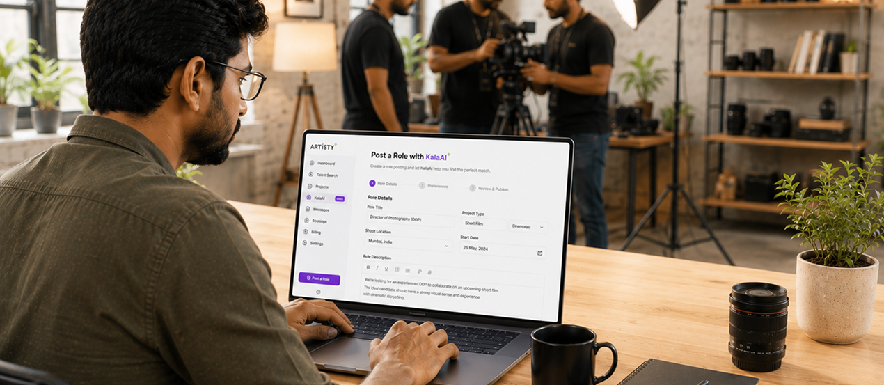 Production posting a camera role brief on laptop