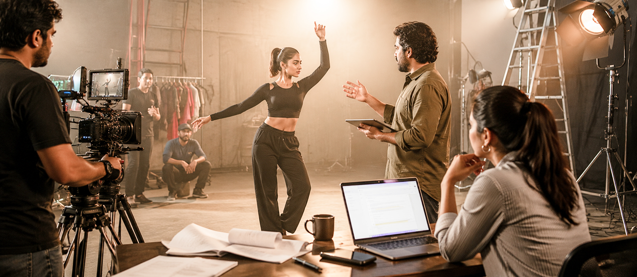 Dance team on set after hiring talent