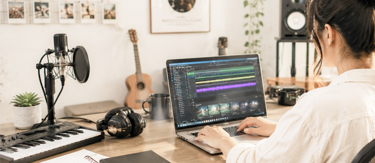 Musician building a portfolio on laptop