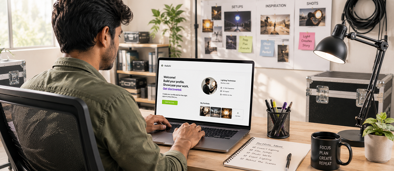 Producer building a portfolio on laptop