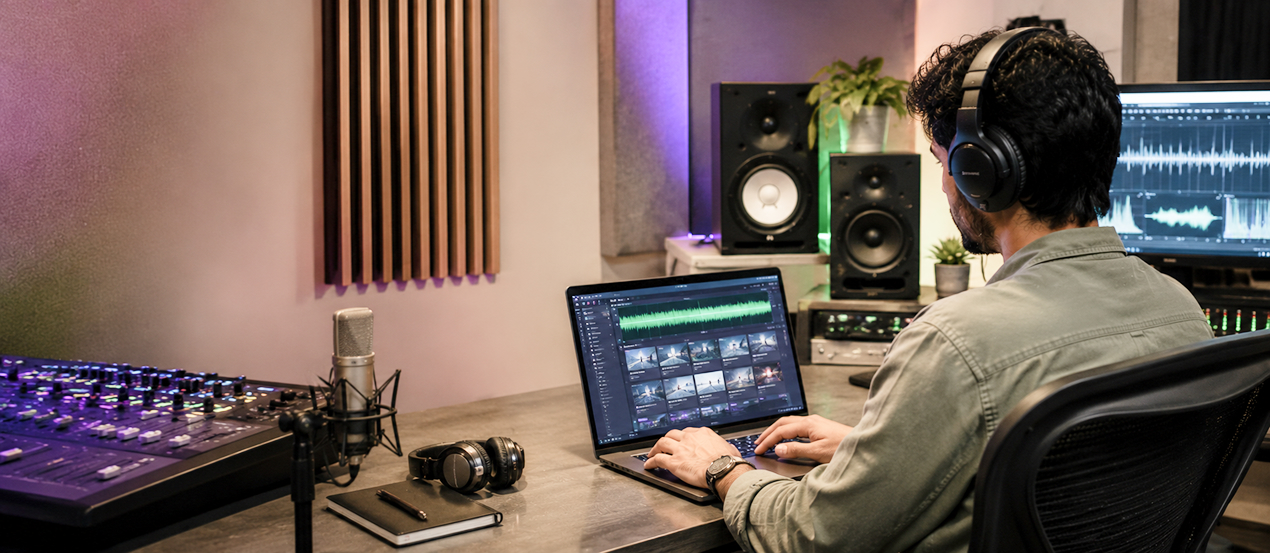 Sound recordist building a portfolio on laptop