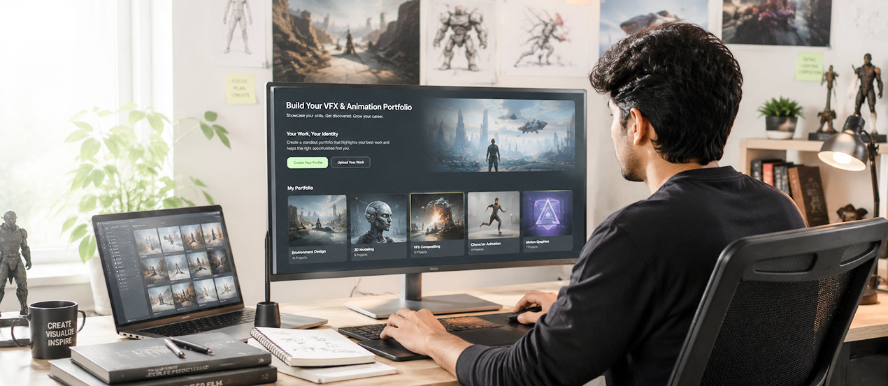 VFX artist building a portfolio on laptop